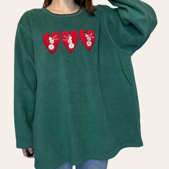 Vintage Fleece Pullover Christmas Snowman Button Embroidered Sweatshirt Crewneck - Picture 7 of 8